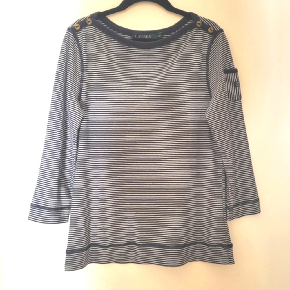Lauren by Ralph Lauren Striped Boat neck Top L